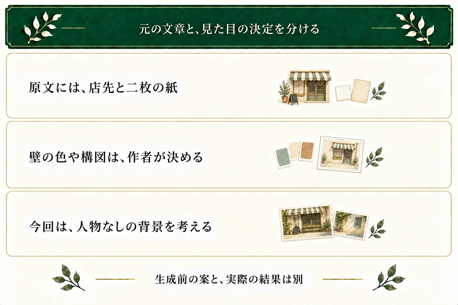 原文にある店先と二枚の紙に、壁の色や配置を画像用の条件として足す。人物のいない背景の生成前メモで、実際の出力結果とは区別する。