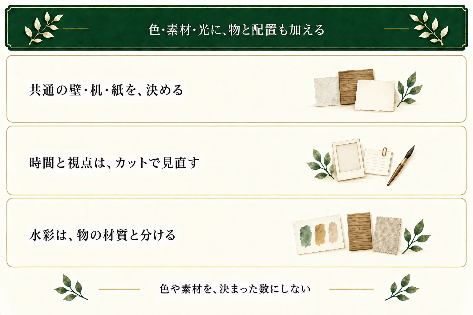 壁・机・紙の色や素材を共通条件にし、時間や視点はカットごとに選ぶ。水彩は物の材質ではなく表現方法として分ける。