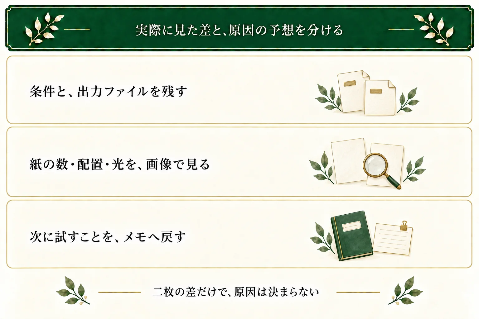 生成条件と実際の出力を保存し、紙の数・配置・発光する場所を画像で確認する。見た差と原因の仮説を分け、次の試行を決める。