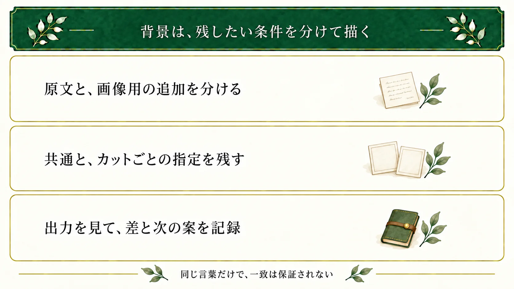 背景の一貫性は原文と追加条件、共通条件とカット条件を分けて考える。生成後の画像を見て差を残し、同じ言葉だけで一致を保証しない。