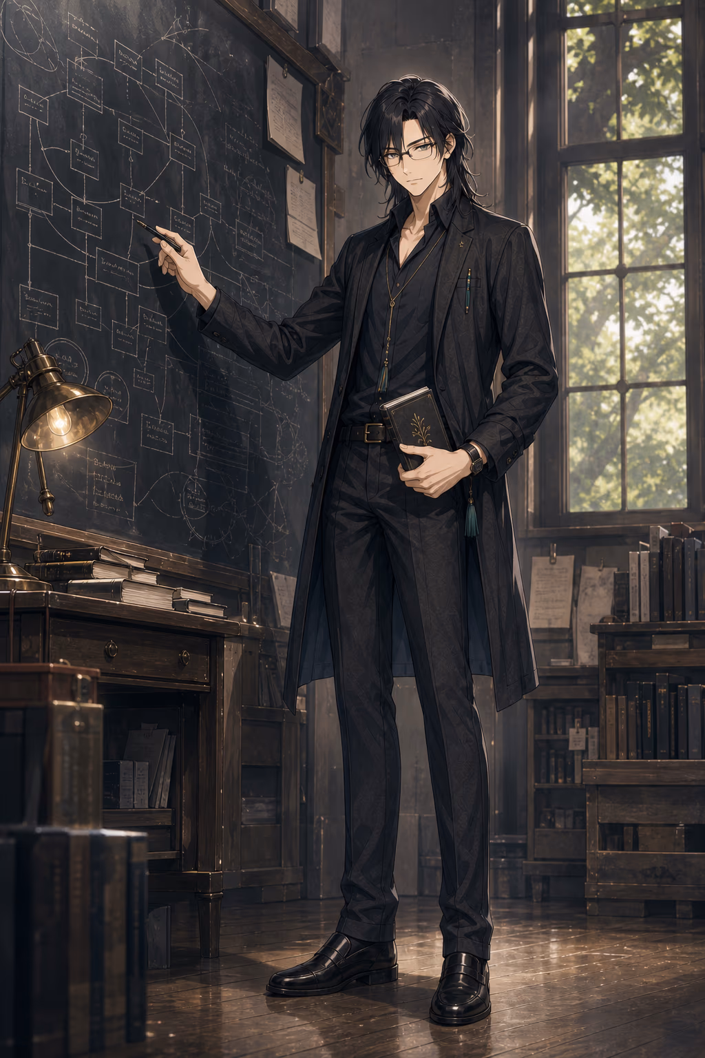 黒板に物語の構造を描きながら立つアキト