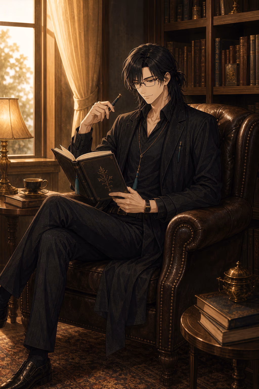 革張りの椅子に座ってノートを読むアキト