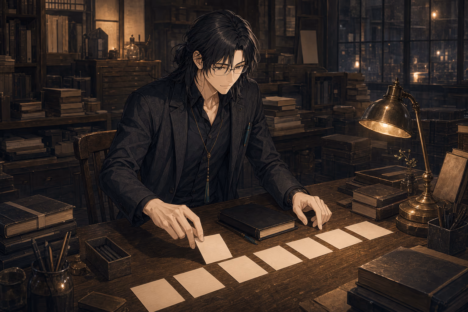 夜のアトリエで、白紙のカードを物語の順番へ戻すアキト