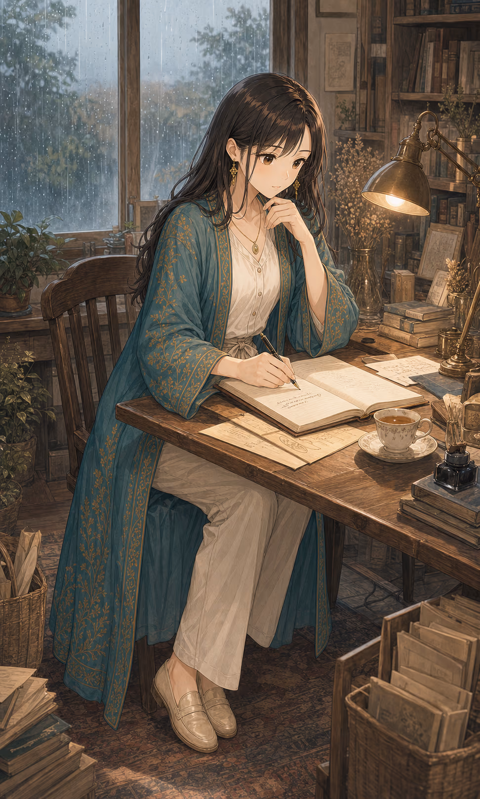 雨の日の机でノートに言葉を書き留めるコトハ