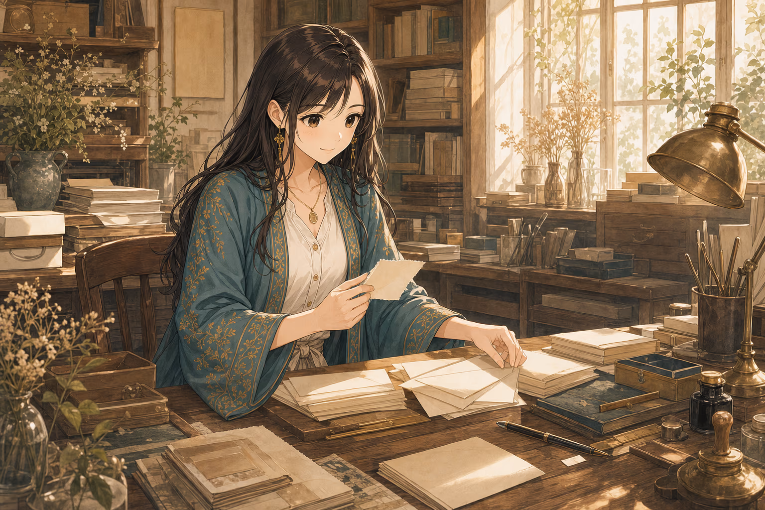 古いアトリエで、書きかけの紙をそっと拾い上げるコトハ
