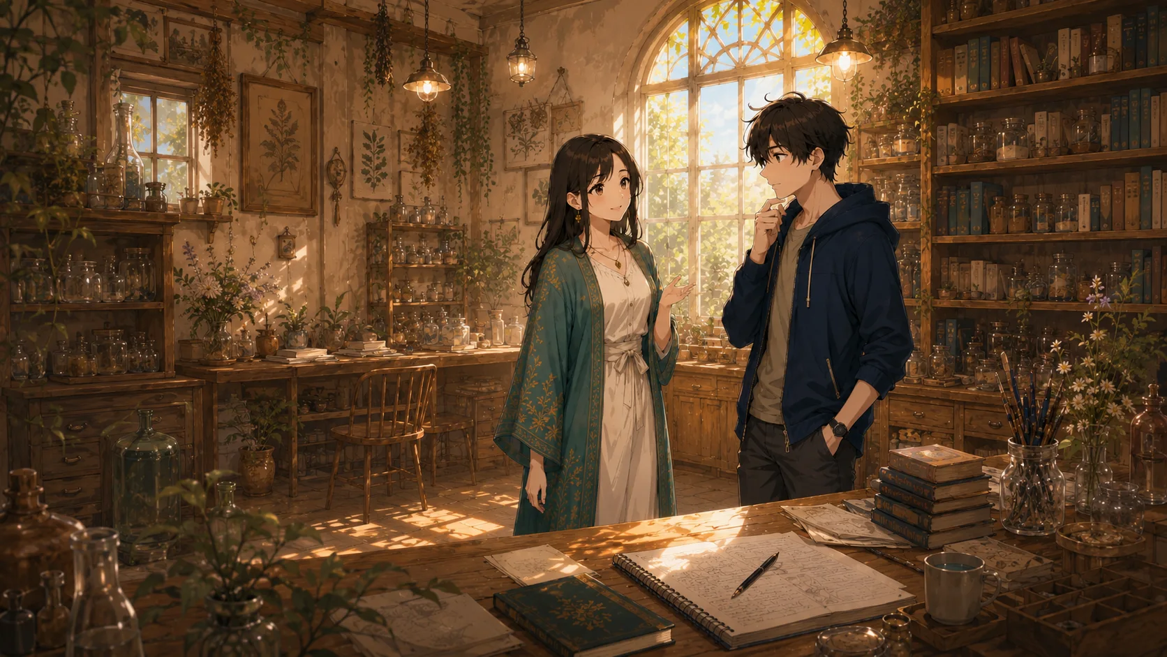 アトリエでAIと物語づくりを学ぶキャラクターたち