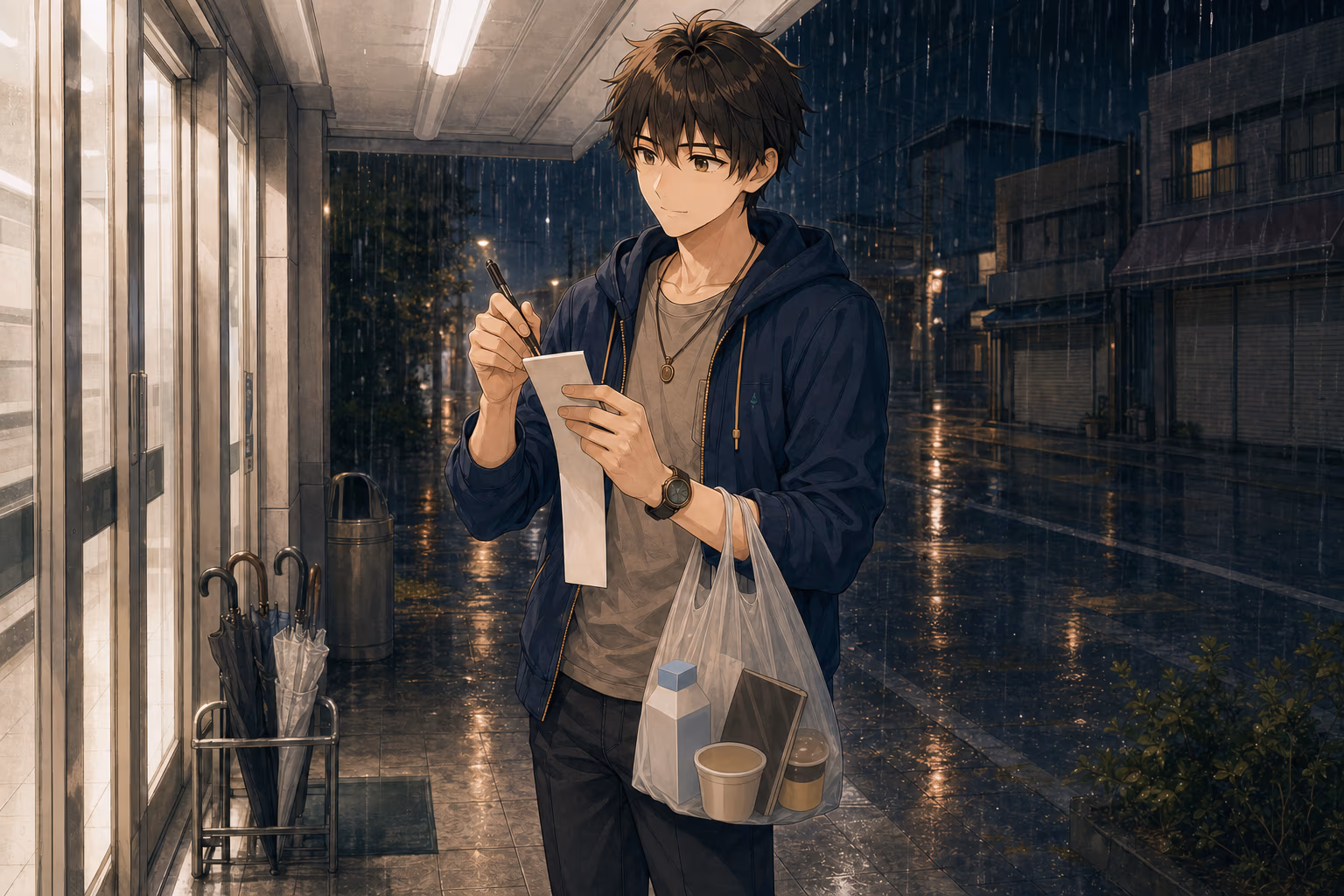 雨のコンビニ軒下で、ソウマがレシートの裏へ最初の一文を書く。