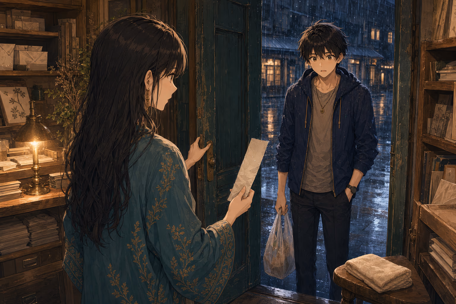 深緑の扉を挟み、レシートを持つコトハと雨に濡れたソウマが向き合う。