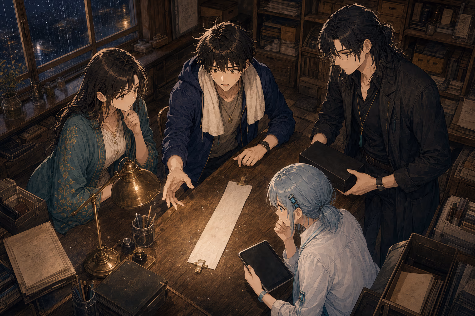 木の作業机で、コトハ、ソウマ、ミラ、アキトが一枚のレシートを囲む。