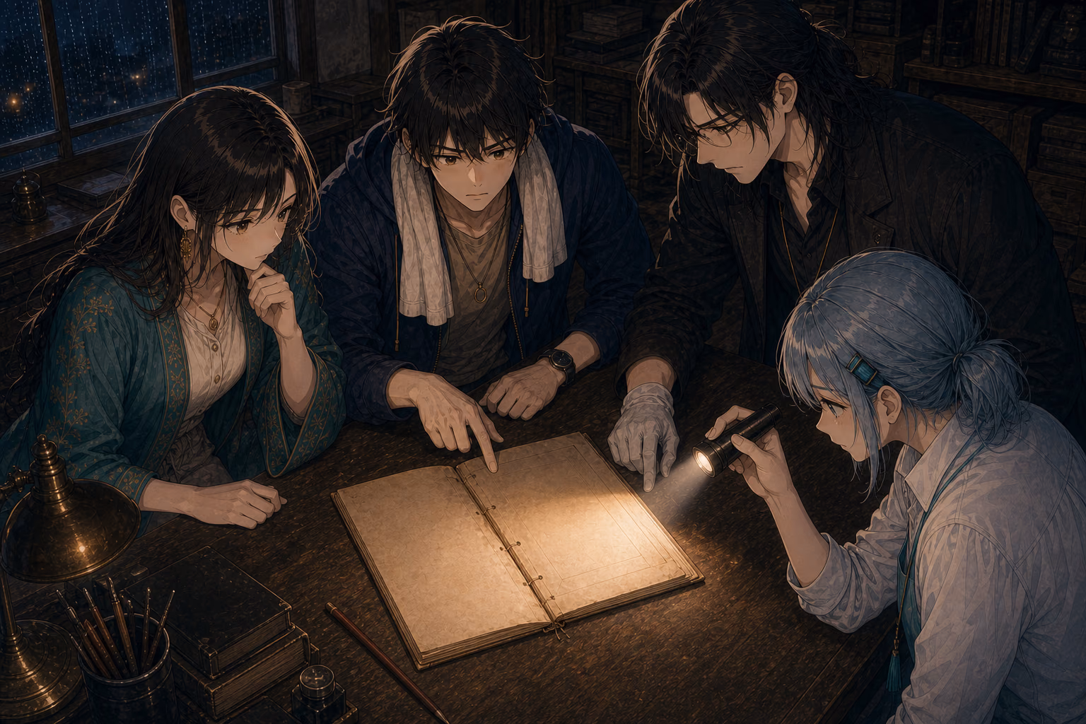 ミラが古い冊子へ斜めから光を当て、四人が抜かれた頁の圧痕を確かめる。
