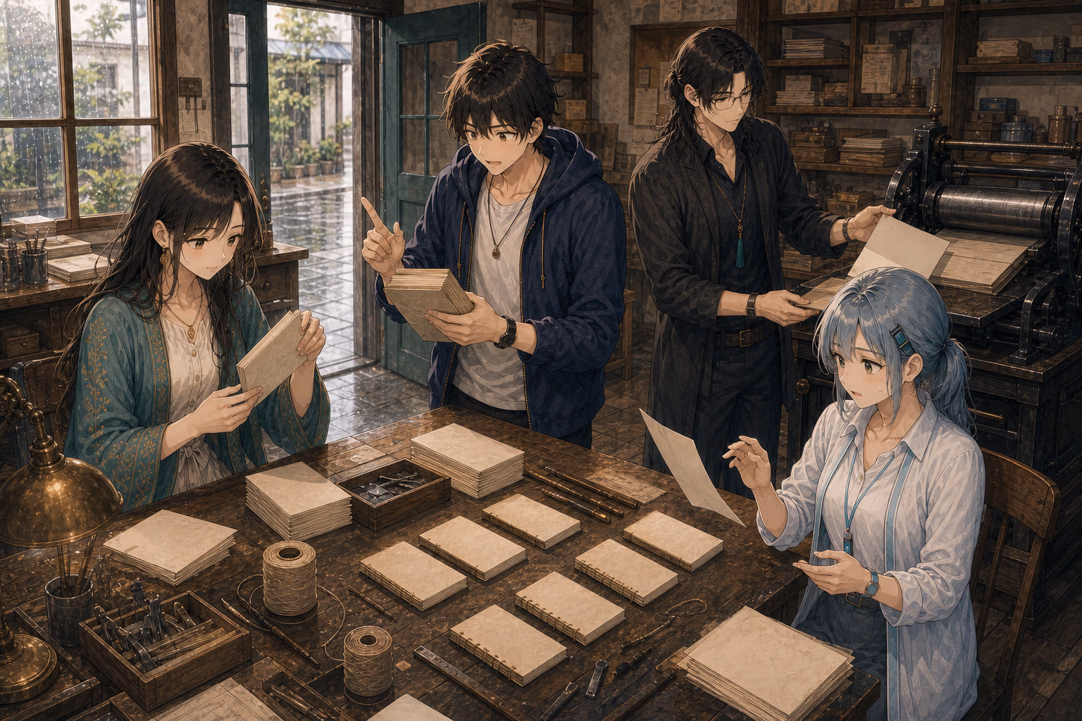 四人が印刷、紙受け、検品、綴じの役割を交換しながら、机いっぱいに第一号を作る。